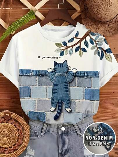 Women's White Denim Patchwork Cat & Leaf Print Short Sleeve Round Neck T-Shirt, Casual Climbing Pattern Design, Suitable For Spring, Summer, Autumn