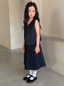 DAZY 2pcs/Set Girls (Small) V-Neck Woven Korean Style Shirt & Pleated Skirt Set - Grey - View 3