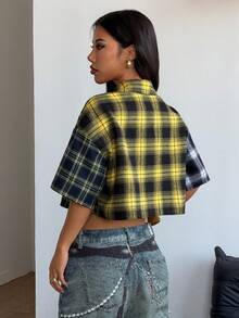 Coolane Áo croptop kẻ caro dáng rộng phong cách vintage mùa xuân/hè cho nữ, màu đỏ, thích hợp cho năm mới. - Nhiều màu - Xem 6
