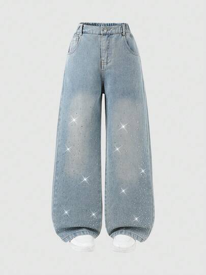 女童宽松牛仔裤，新款上市，Y2K 时尚水钻装饰，简约百搭浅蓝色阔腿牛仔裤，舒适牛仔裤，适合日常穿着