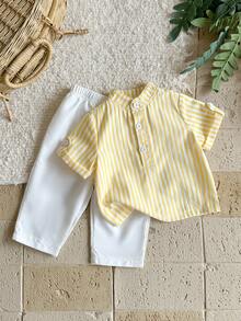 SHEIN Vintaside Kids 男婴休闲条纹polo衫+松紧腰条纹裤两件套，适合生日派对、晚宴、演出、婚礼、婴儿派对等场合。 - 黃色 - 查看 4