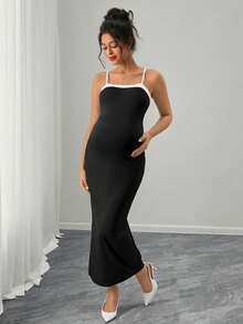 Momance 两件套孕妇拼接吊带连衣裙和长袖开襟上衣，休闲度假装 - 黑色 - 查看 3