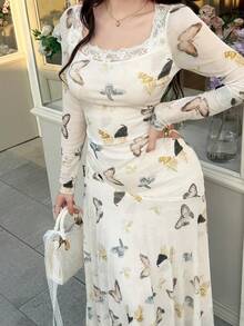 Feyla 女士蝴蝶印花撞色蕾丝长袖荷叶边优雅连衣裙 - 彩色 - 查看 7