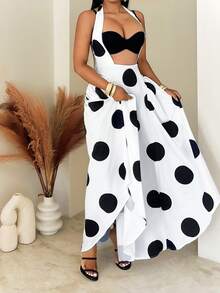 SHEIN BamGlam Trang phục dự tiệc phong cách cổ điển: Váy maxi dài chấm bi đen trắng, cổ yếm, khoét eo, dáng rộng. - Đen và trắng - Xem 4