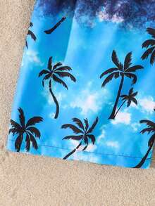 SHEIN 男童个性化棕榈叶印花泳裤,舒适透气,适合游泳池、海滩和度假穿着 - 彩色 - 查看 6