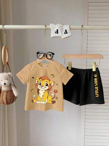 SHEIN Playful Pals 男婴卡通印花圆领短袖T恤和短裤套装，可爱休闲，适合夏季、居家、户外、运动穿着 - 彩色 - 查看 3