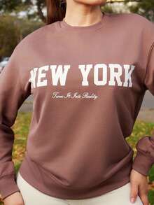 Lupita Cardoza Women's Autumn Winter Letter Print Dropped Shoulder Crew Neck Loose Casual Sweatshirt,Long Sleeve Tops - Redwood - View 3