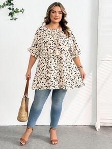 SHEIN CURVE+ 大码女式夏季度假休闲褶皱碎花灯笼袖复古衬衫波西米亚风度假 - 彩色 - 查看 7