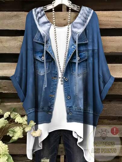 EMERY ROSE New Arrival Summer Casual Loose Denim Effect Print Plus Size Long T-Shirt