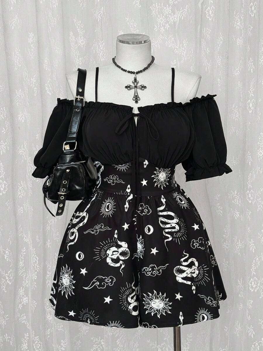 Sunspun Plus Size Women's Ruffle Trim Dark Goth Style Off Shoulder Sun Face Print Front Tie Dress - Black - View 1