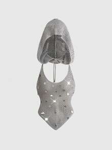 ROMWE Grunge Punk 亮片装饰度假露背连帽钩针编织上衣 - 灰色 - 查看 2