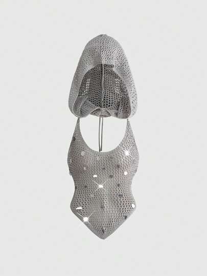 ROMWE Grunge Punk Sequin Decor Vacation Halter Hooded Crochet Knit Top