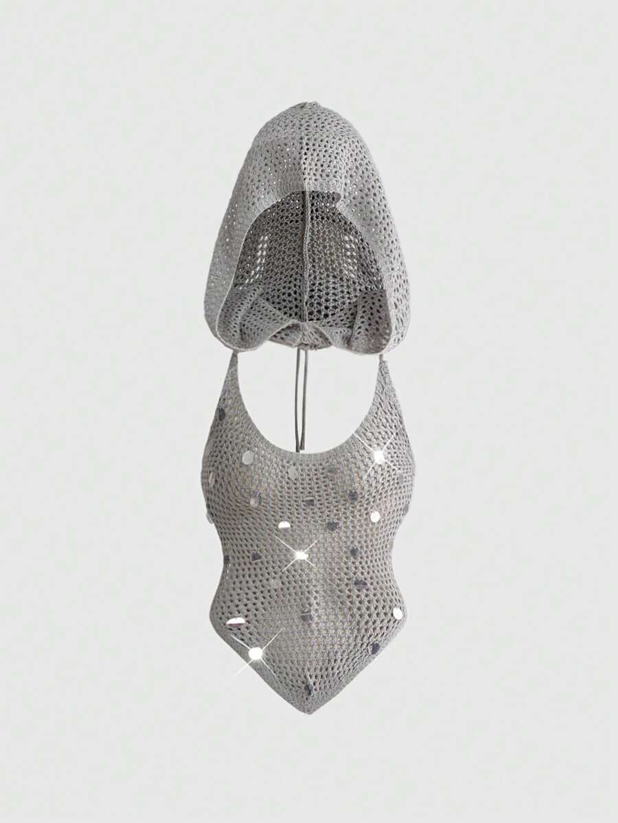 ROMWE Grunge Punk Áo len móc cổ yếm có mũ trùm đầu trang trí đính sequin cho kỳ nghỉ - Xám - Xem 1