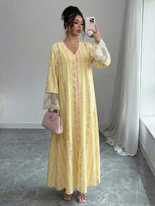 Yasmyna Vestido árabe de manga larga holgado con puño tejido y estampado para mujer - Amarillo - Ver 3