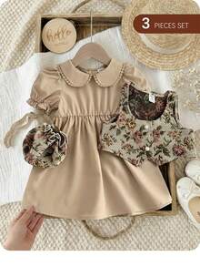 SHEIN مجموعة قطعتين تتكون من فستان بياقة دمية وسترة طفلة ذات طراز نباتي عتيق - متعدد الألوان - مشاهدة 8