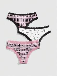 ROMWE J-Fashion 3pcs Women's Underwire, Musical Note & Letter Lace Panty Set - Pink - View 2