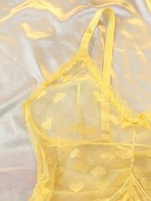 DelicateAllure 2pcs Mesh Patchwork Ruffle Hem Sheer Heart Jacquard Deep V Pleated Butt-Lifting Alluring Curve Innocent Sexy Dress + G-String Lingerie Set, Plus Size - Yellow - View 5