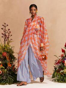 Zivah New Spring/Summer Commute Elegant Vacation Loose-Fitting All-Over Retro Print V-Neck Crossover Batwing Sleeve Top + Pleated Retro Print Wide-Leg Pant Women Two Pieces Set, Suitable For Valentine's Day , Dates, Party, Gatherings, Holidays, Western Style, Vacation, Nomadic Style, Beach, Seaside, Concerts, Everyday Outings, New Year's, Revelry, Brunch Outfits, Wedding Guest Outfits, Wedding Season, Casual-B - Multicolor - View 4