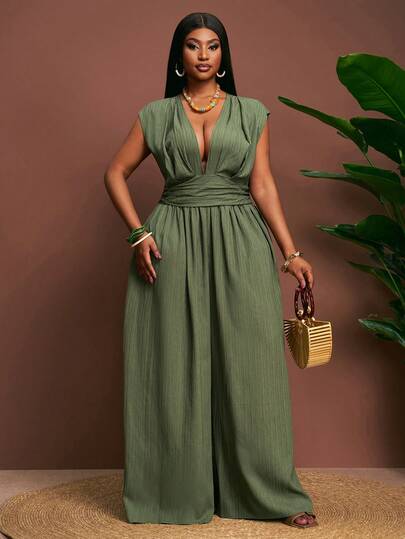 Slaydiva 2026 Spring/Summer New Arrival Music Festival, Easter, St. Patrick's Day, Western, Nomadic, Birthday Party, Graduation, College Style, Student, Daily Casual, Basic Versatile, Leisure, Cruise Travel, Beach, Sunbathing, Viral , Streetwear, Wedding Guest Boho, Commute, Brunch, Minimalist Basic, Y2K Streetwear Chic, Best Seller, Daily Date, Airport Sleeveless V-Neck Loose Plus Size Jumpsuit - Green