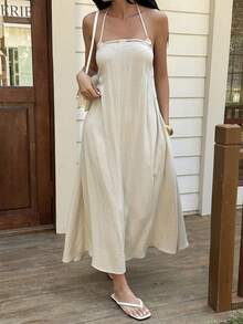 DAZY Figurbetontes Neckholder-Kleid mit offenem Rücken und Bindedetail, elegante Resortmode für Frauen, Frühlings-/Sommer-Kreuzfahrtoutfit für Frauen Maxikleid Sommerkleid - Aprikosenfarben - Übersicht 6