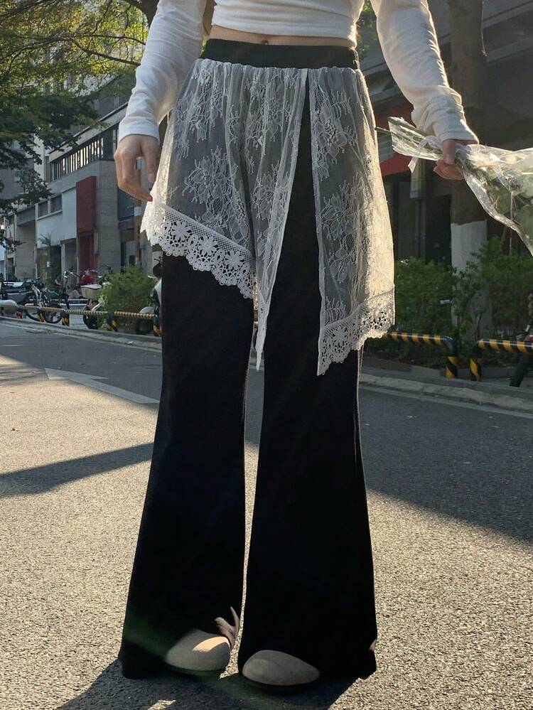 Women's Contrast Lace Elastic Waist Flare Pants, Casual Vacation Summer Trousers