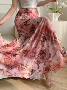 Celisse Women's Elastic Waist Asymmetric Digital Print Casual Elegant Skirt, Spring/Summer Maxi Floral Skirt Rose Print Skirt - Multicolor - View 1