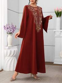 Al Najma Sequin Embellished Slit Sleeve Women's Turkish Maxi Dress & Arabic Traditional Abaya Kaftan Jalabiya Dress - Redwood - View 8