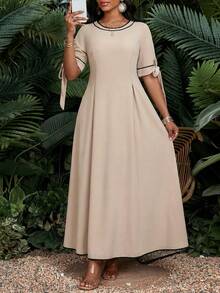 SHEIN Lady 女士度假圆领短袖打结设计优雅中长连衣裙 - 彩色 - 查看 5