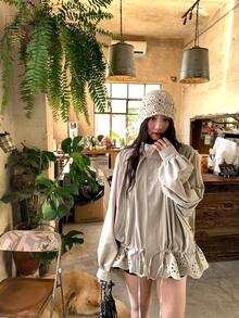 DAZY Women's Collar Hollow Out Floral Ruffle Trim Lightweight Jacket - Apricot - View 8