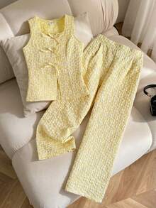 SHEIN Tween Girl Solid Color Crew Neck Sleeveless Shirt And Pants Casual Outfit - Yellow - View 2