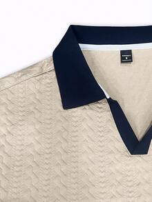 Manfinity CasualCool Men's Contrast Color Short Sleeve Casual Commuter Polo Shirt Men Knitted Polo Shirt Cream Polo Shirt Men Mens V Neck Knitted Shirt Mens Short Sleeve Sweater Polo Mens Textured Polo Shirt Old Money - Khaki - View 7