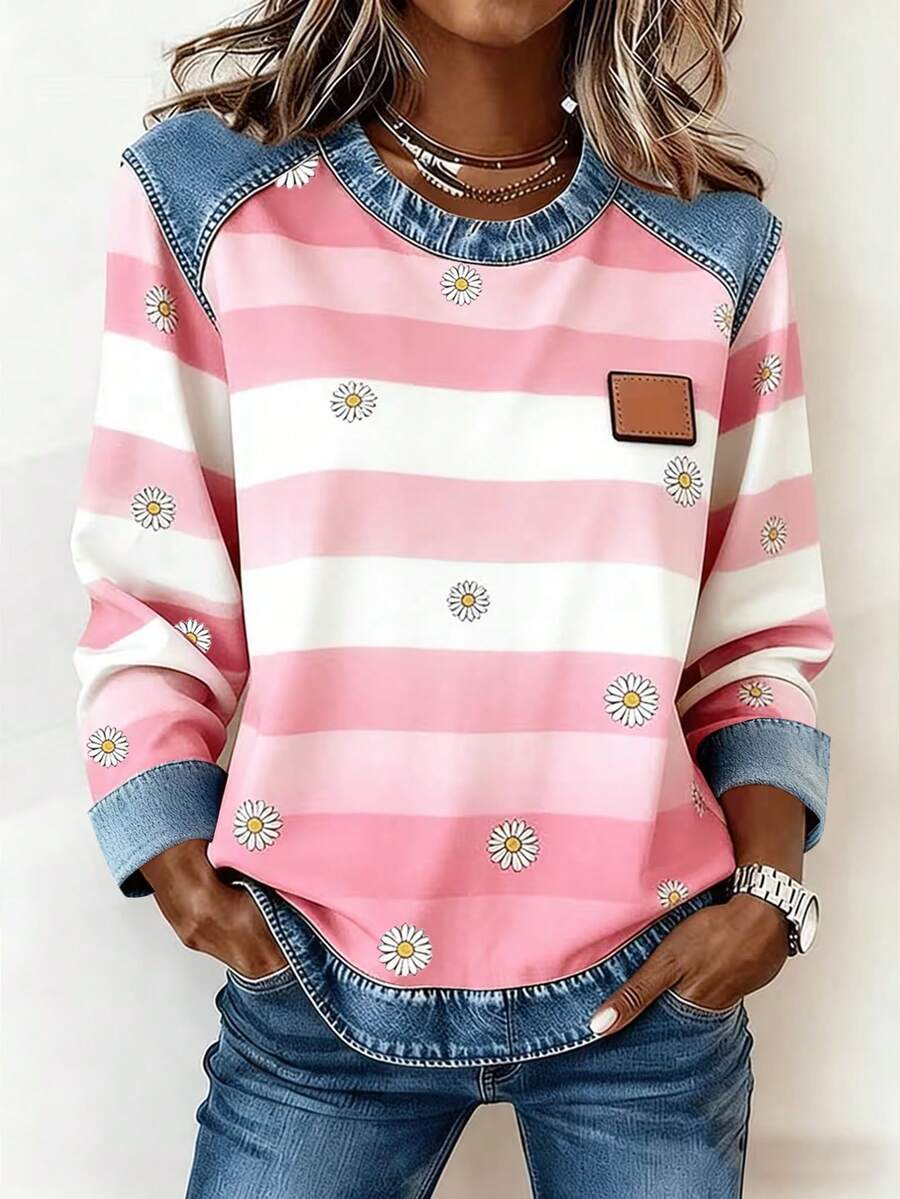 EMERY ROSE Women's Casual Vacation Fashion Street Daisy Patchwork Striped Print Long Sleeve T-Shirt, Spring/Autumn - Multicolor - View 1