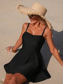 Swim Lushoire Women's Solid Color Strap Ruffle Trim Beach Casual Swimsuit Set, Spring/Summer - Black - View 3