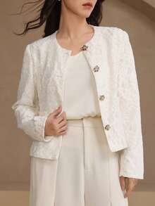 DAZY Women's Elegant Floral Print Round Neck Regular Jacket, Spring/Summer - Beige - View 3