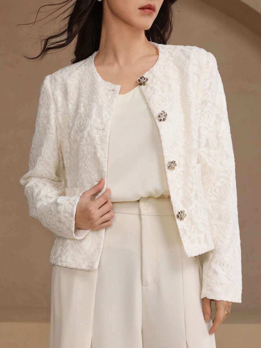 DAZY 女士优雅印花圆领常规款外套，春夏款 - 米色 - 查看 1