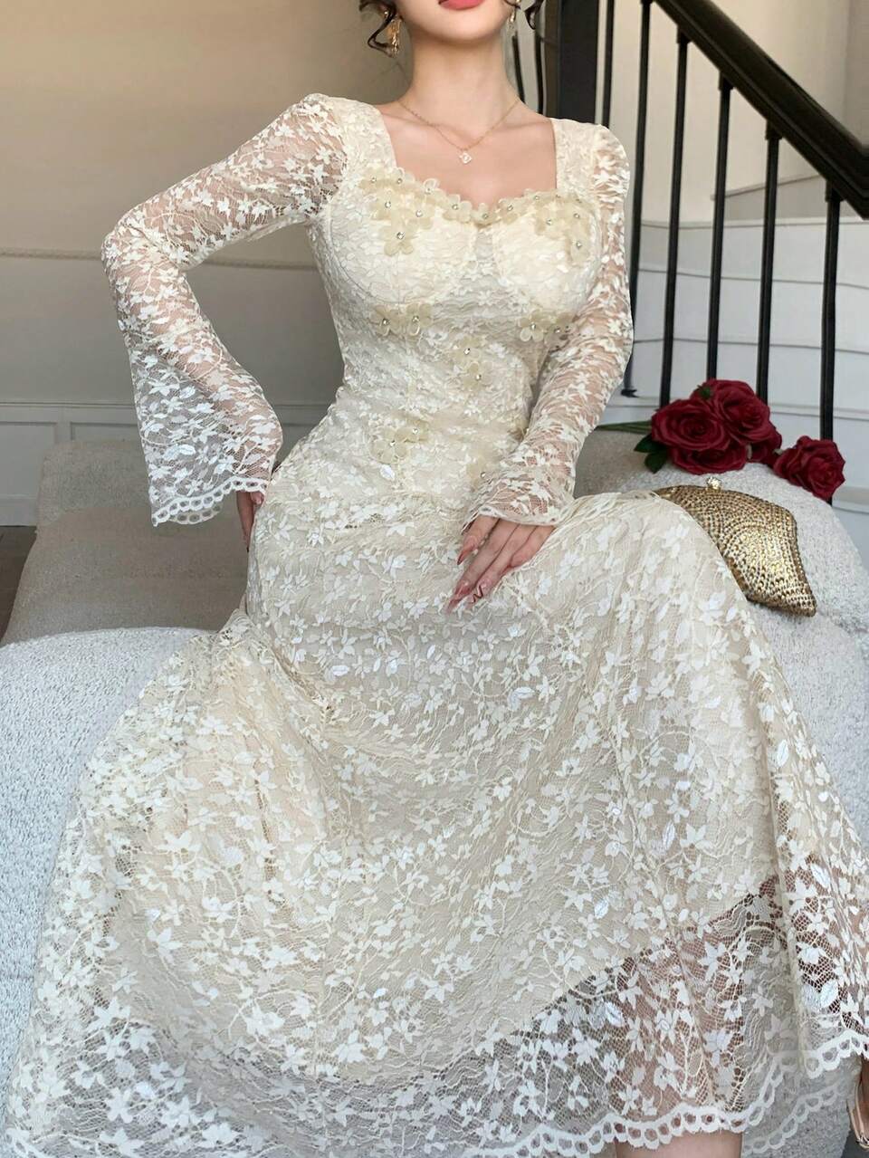 Women's Floral Textured White Elegant Long Sleeve Dress Wedding Guest Dress Sun Dresses For Women