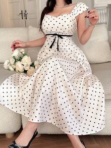 DAZY 女士甜心领波点印花系带腰身优雅中长连衣裙婚礼宾客礼服 - 米色 - 查看 4