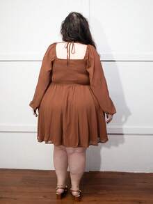Truni Plus Tie Back Lantern Sleeve Ruched Bust Dress,Corset Dress For Women, For Pear & Triangle Body Shape - Chocolate Brown - View 2