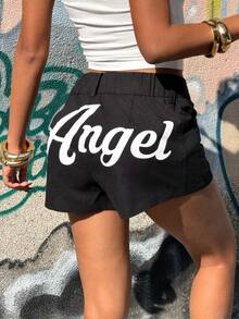 Muchica 女士黑色编织字母印花休闲口袋短裤 - 黑色 - 查看 3