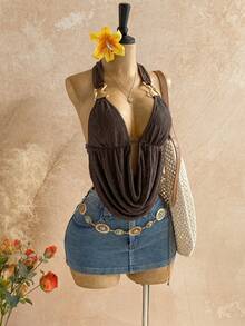 Soleia Áo tank top nữ thanh lịch kiểu bohemian nhiệt đới không tay, chất liệu dệt kim, màu nâu, cổ yếm, thích hợp cho các dịp xuân/hè như đi học, đi biển, đám cưới, lễ tốt nghiệp, tiệc brunch, ngày lễ Thánh Patrick, kỳ nghỉ xuân, lễ Phục sinh, lễ hội âm nhạc. - màu nâu - Xem 4