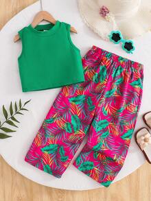 SHEIN 两件套少女夏季可爱度假针织绿色碎花吊带背心和裤子套装 - 綠色 - 查看 4