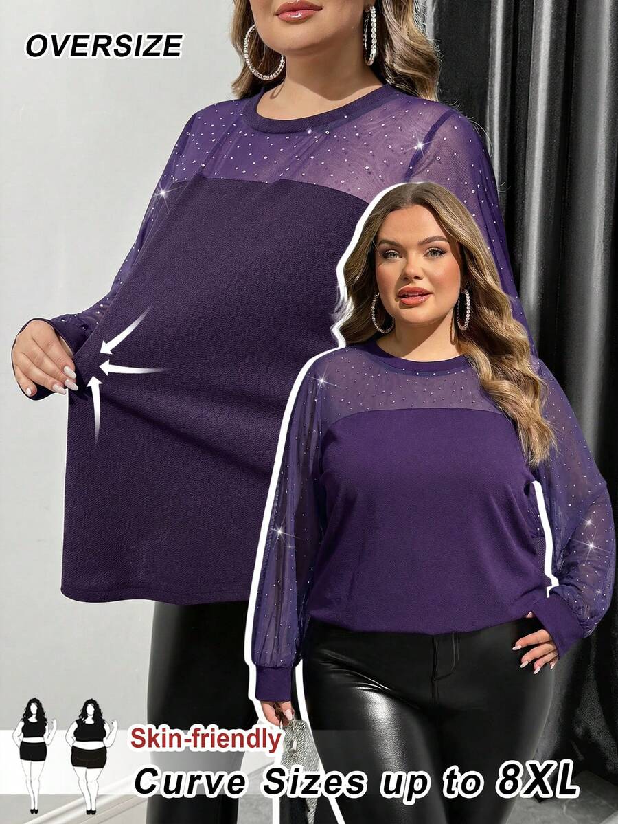 SHEIN CURVE+ Top femme grande taille à manches longues, vêtement décontracté quotidien - Bleu marine - Voir 1