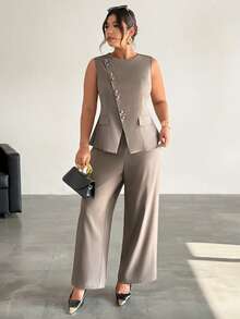 Firerie Women's Elegant Commuting Daily Versatile Street Fashion New Asymmetric Lapel Button Waist Sleeveless Blazer Vest And High Waist Pants Khaki Gray 2-Piece Suit Set, Autumn/Winter - Khaki - View 5