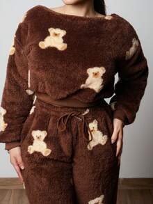 Lupita Cardoza 女款卡通熊图案抓绒斜肩卫衣和裤子套装，秋冬 - 棕色 - 查看 4