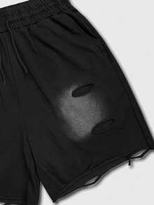 ROMWE MEN Street Life Pantalones cortos con cintura con cordón y rotos para adolescentes - Negro - Ver 3