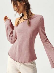 Bohemela Women Solid Color Long Sleeve Asymmetrical Neck T-Shirt, Vacation Style Long Sleeve Tops Women Tops One Shoulder Tops Bell Sleeve Tops Basic Tops - Pink - View 3