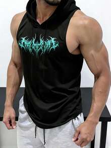 GymBeat 男士哥特风印花连帽运动背心 - 黑色 - 查看 3