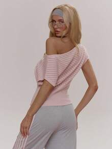 MUSERA 不对称露肩蝙蝠袖罗纹收腰针织可爱少女性感春冬日常复活节糖果色 - 淺粉色 - 查看 4