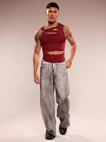 FeverCity Áo tank top nam không tay cổ tròn khoét lỗ, chất liệu dệt kim, kiểu dáng thường ngày, thích hợp cho mùa xuân/hè. - Màu Đỏ Sâu - Xem 6