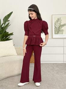 Firerie Kids 2pcs Tween Girls Casual Elegant Commute Textured Wine Red Puff Sleeve Waist Button A-Line Top And Flare Pants Set - Burgundy - View 3